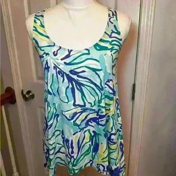 Women’s Lilly Pulitzer Blue Tropical Print Tank Top - 100% Pima Cotton - Sz XS - Picture 2 of 10